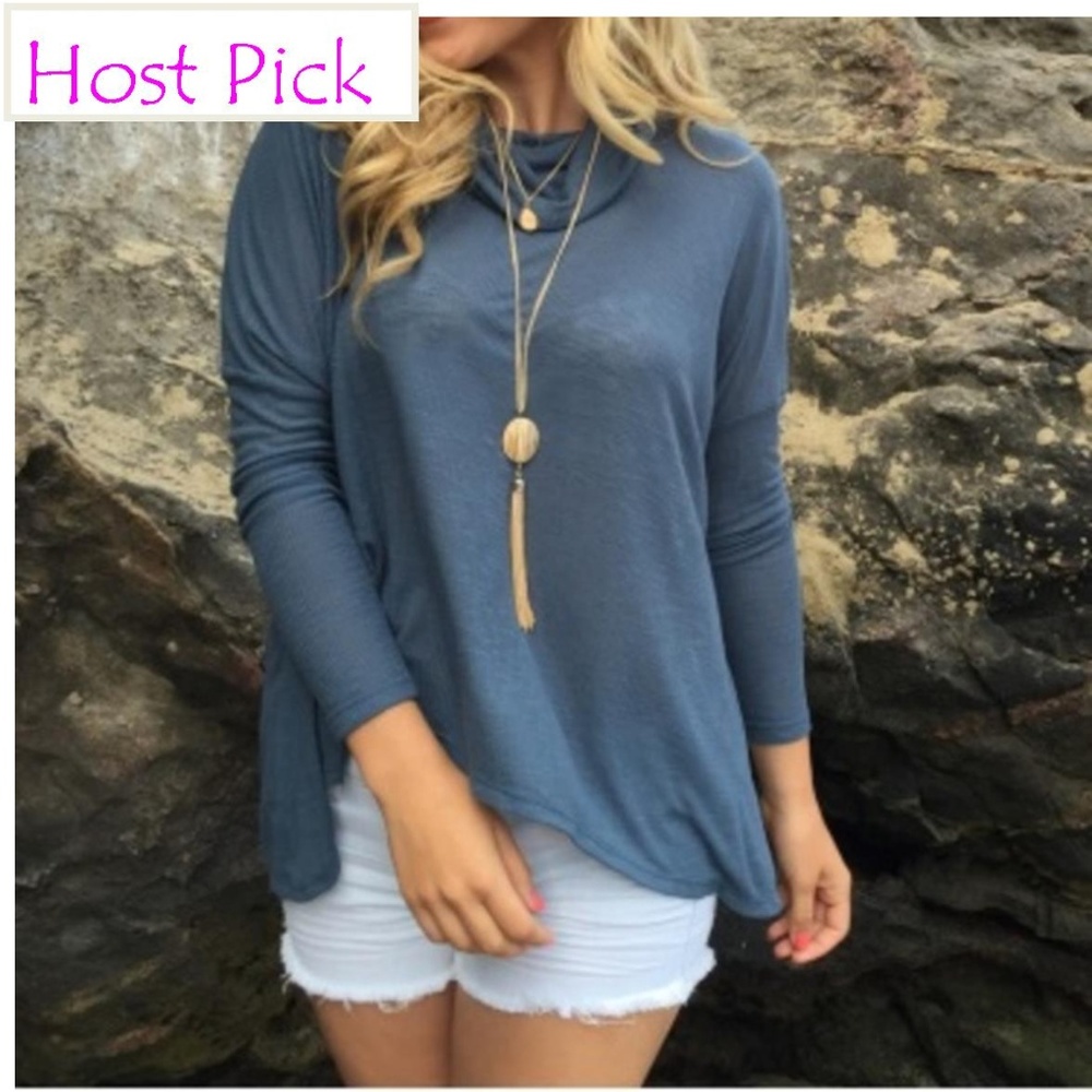 Blue Long Sleeves Turtle Neck with Open Back Sexy